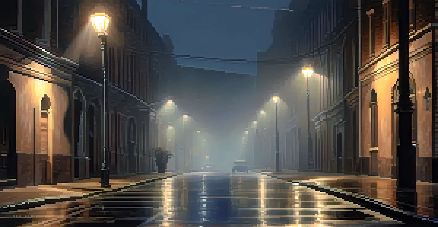 A foggy night street with a single streetlamp illuminating the pavement, casting shadows and creating a suspenseful atmosphere.