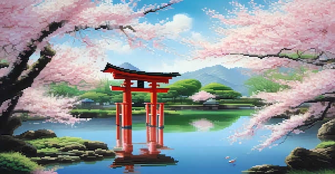A traditional torii gate by a calm pond, surrounded by blooming cherry blossom trees and reflected in the water under a blue sky.