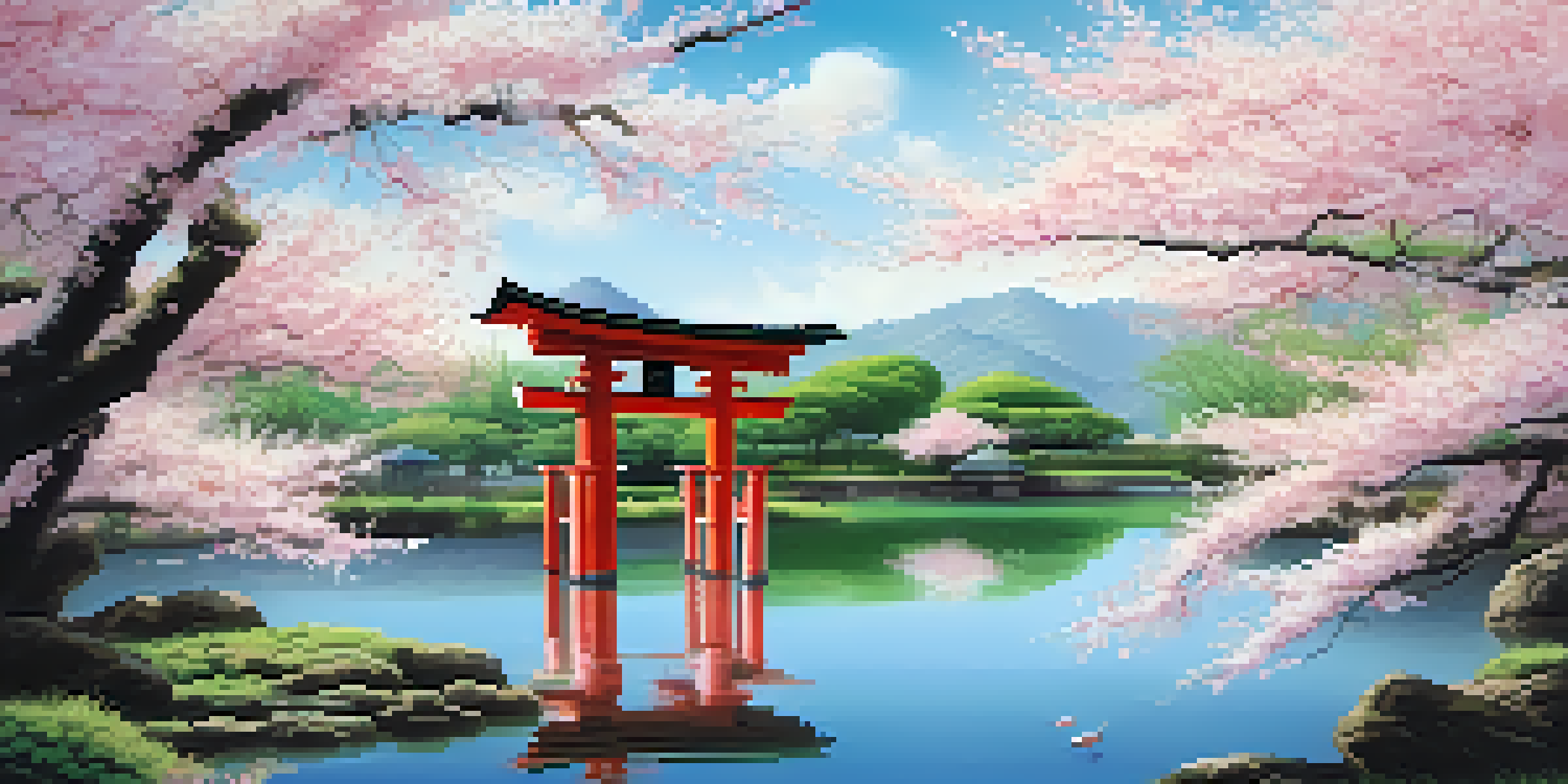 A traditional torii gate by a calm pond, surrounded by blooming cherry blossom trees and reflected in the water under a blue sky.