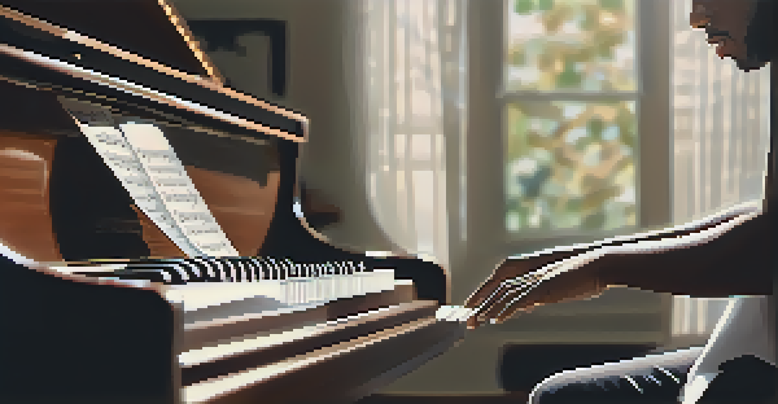 A close-up of a musician playing a grand piano with sheet music beside them, illuminated by soft lighting in a cozy practice space.