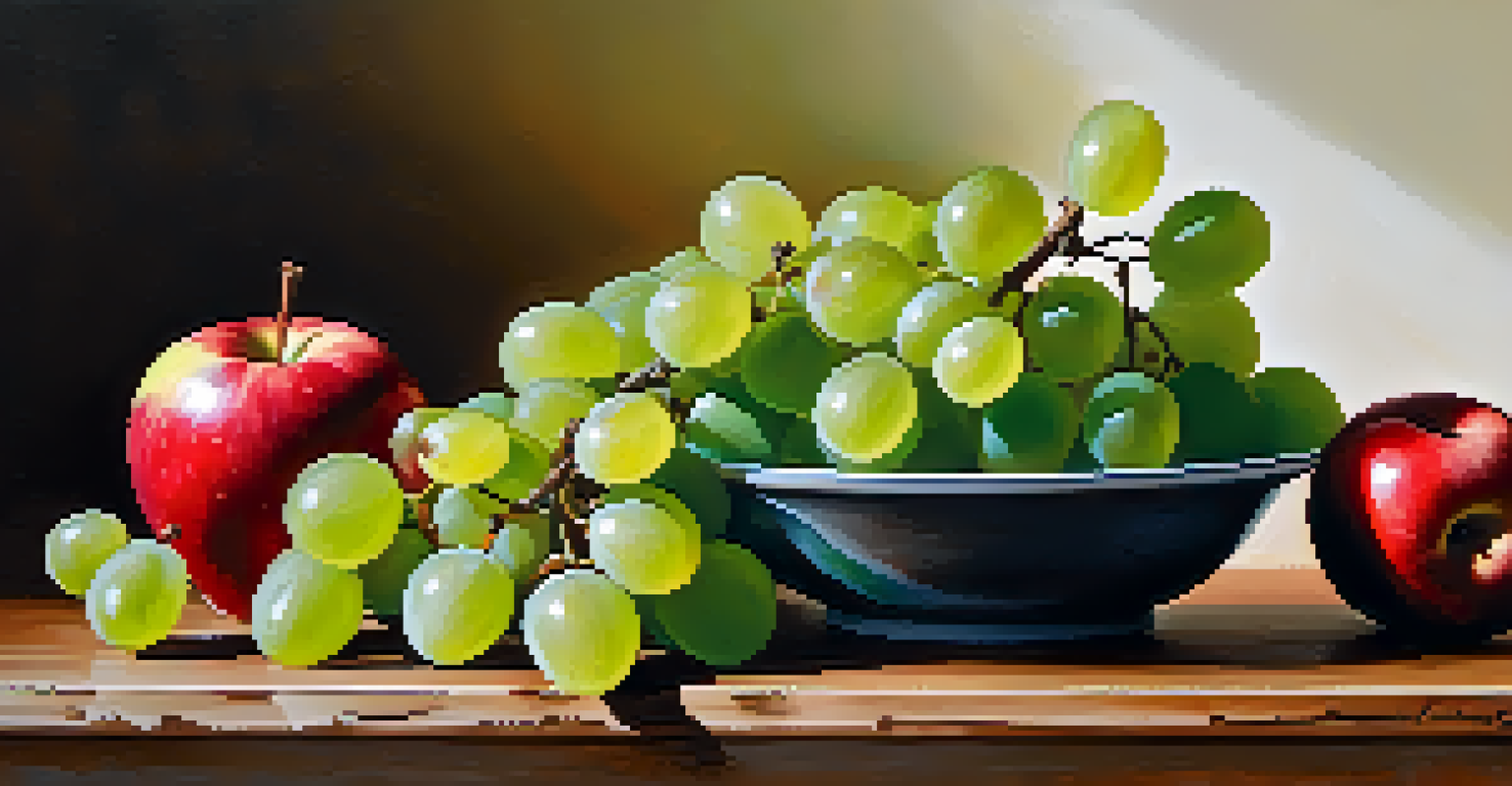 A still life of a red apple and green grapes on a wooden table, illuminated by warm afternoon light.