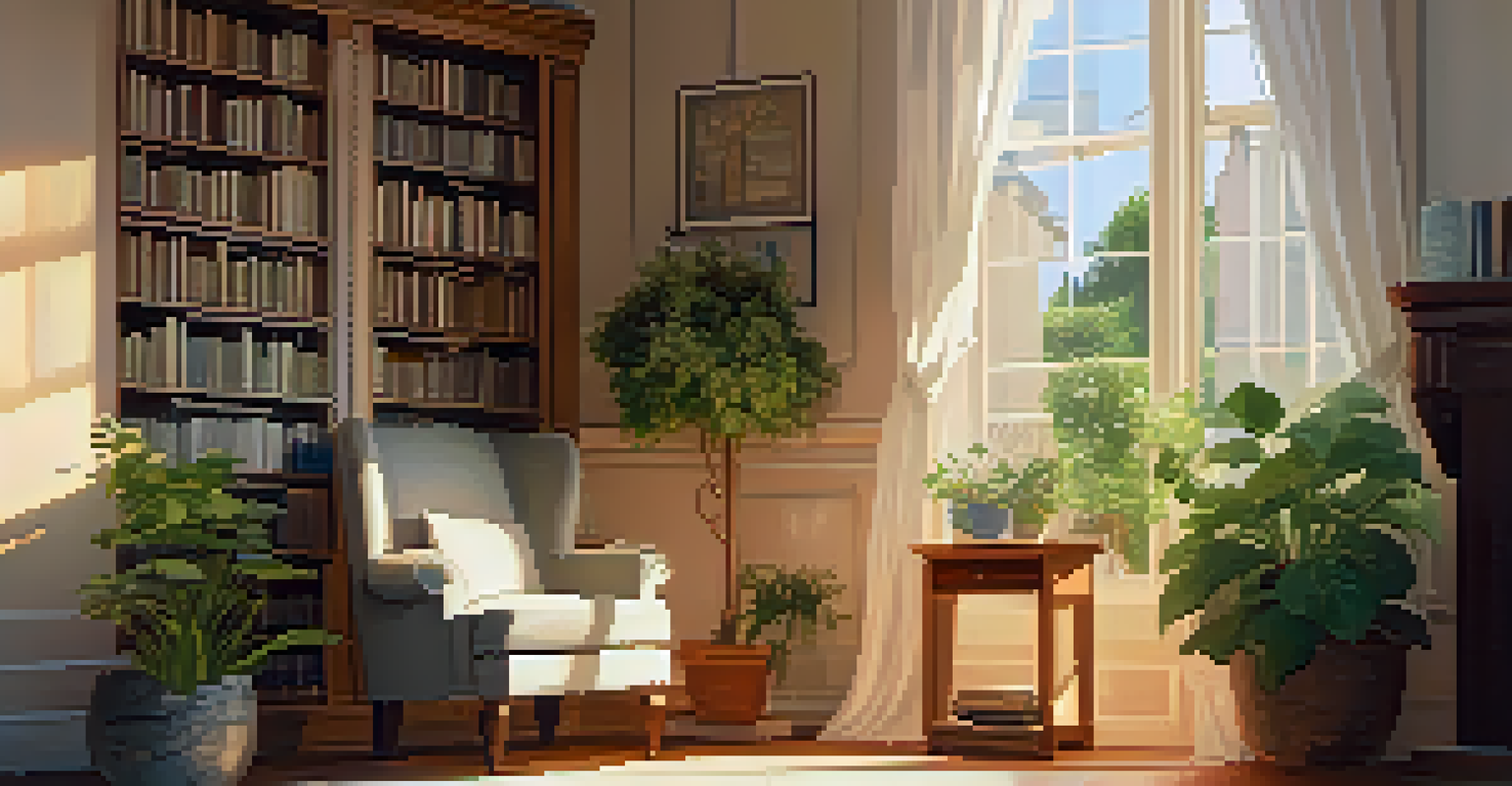 A warm and inviting reading nook with an armchair, books, and houseplants in soft sunlight.