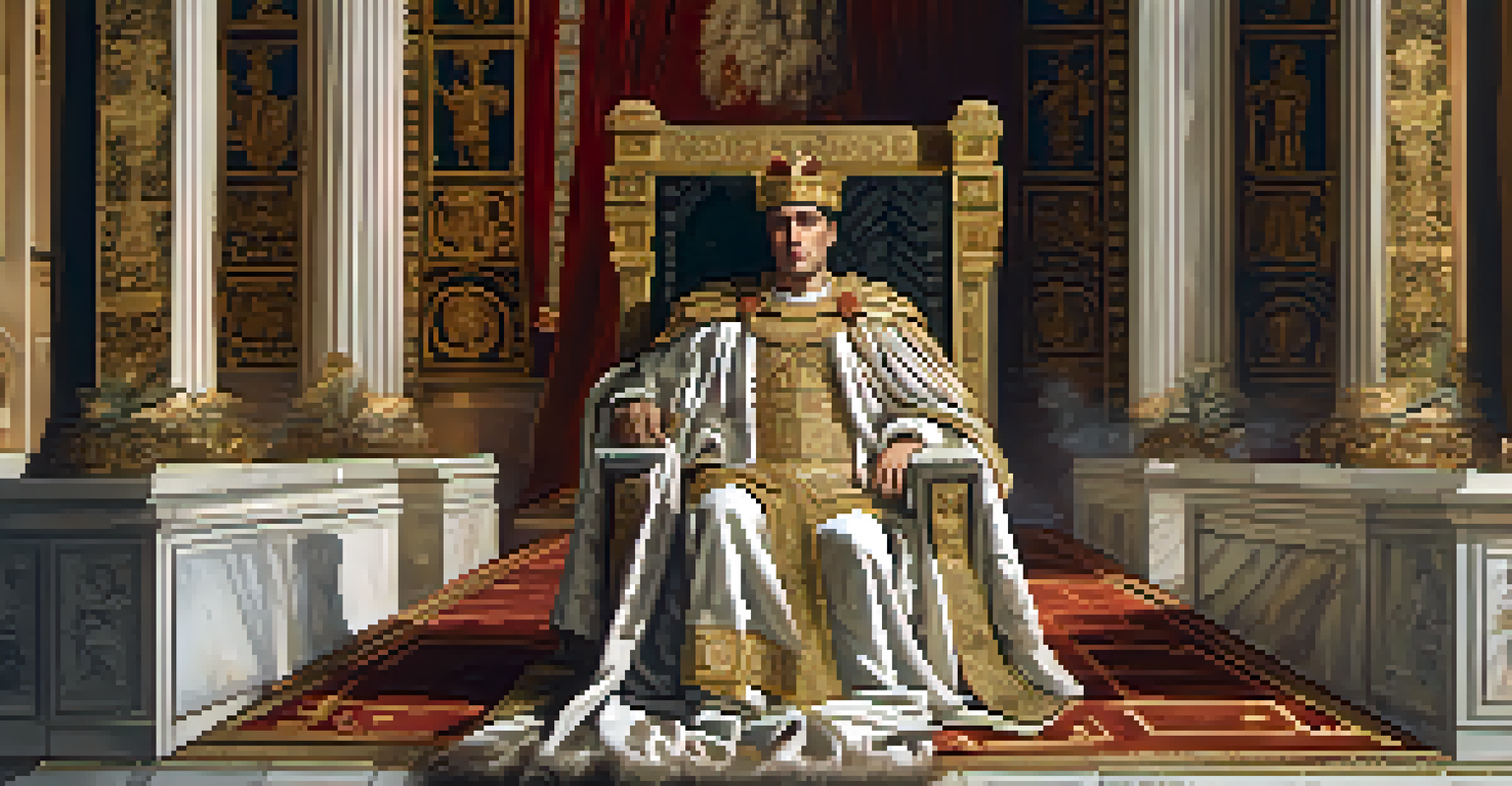 A Roman emperor on a throne, wearing a laurel crown and regal robes in a lavish setting.