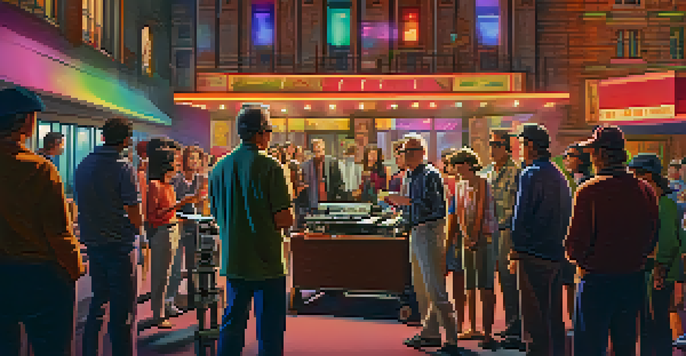 A film director discussing a scene on a busy movie set with crew and actors, bright lights and colorful props in the background.
