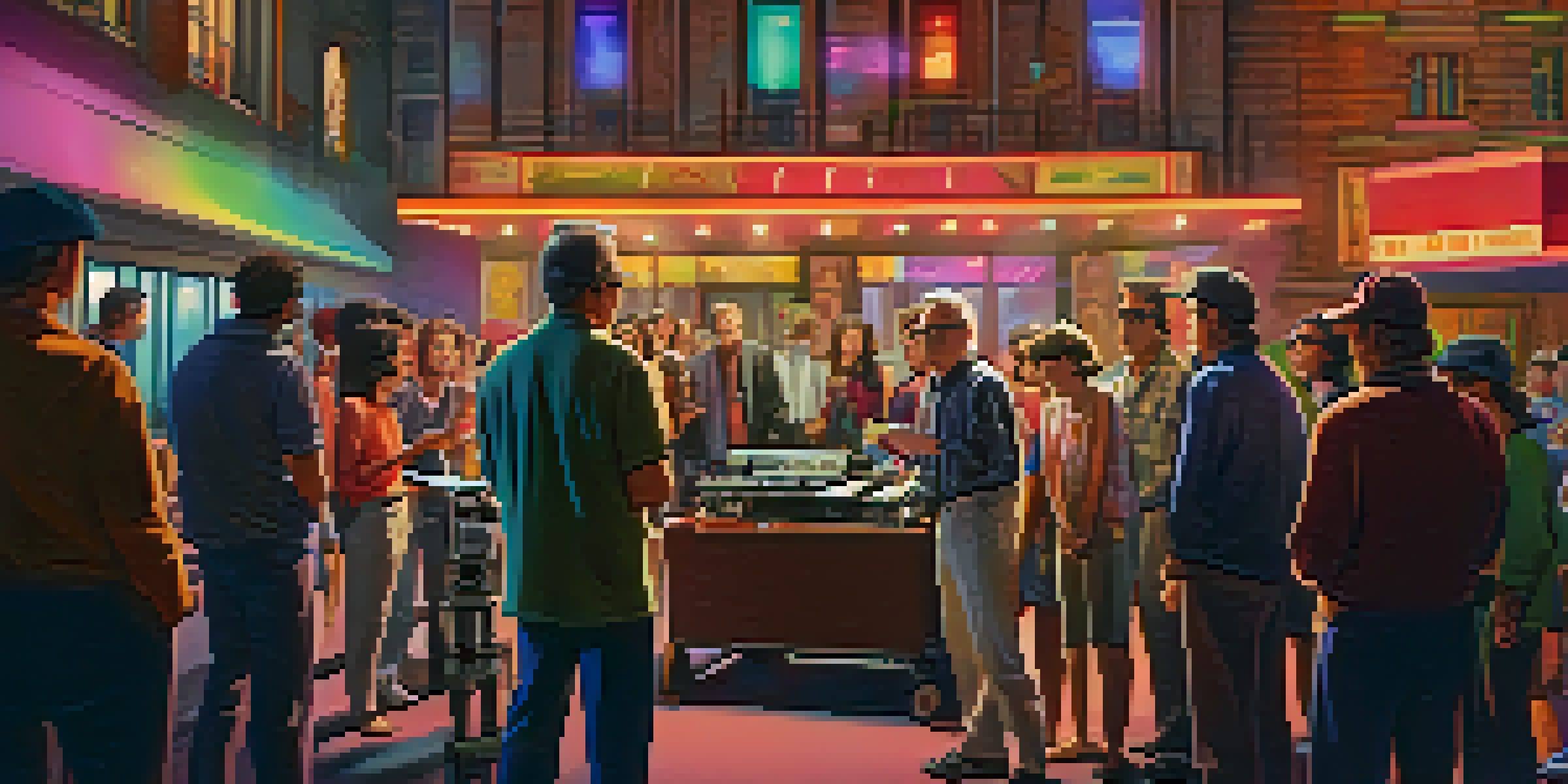 A film director discussing a scene on a busy movie set with crew and actors, bright lights and colorful props in the background.