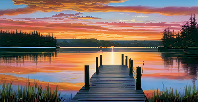 A tranquil sunset over a lake with a wooden dock, surrounded by green trees.
