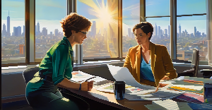 A film producer and a screenwriter in a bright modern office, engaged in a discussion, with city skyline visible through the window.