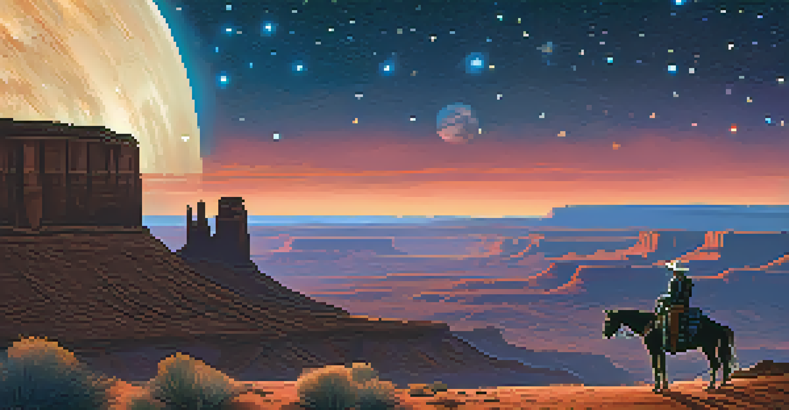 A space cowboy riding a robotic horse along a canyon on a desert planet under a starry sky.