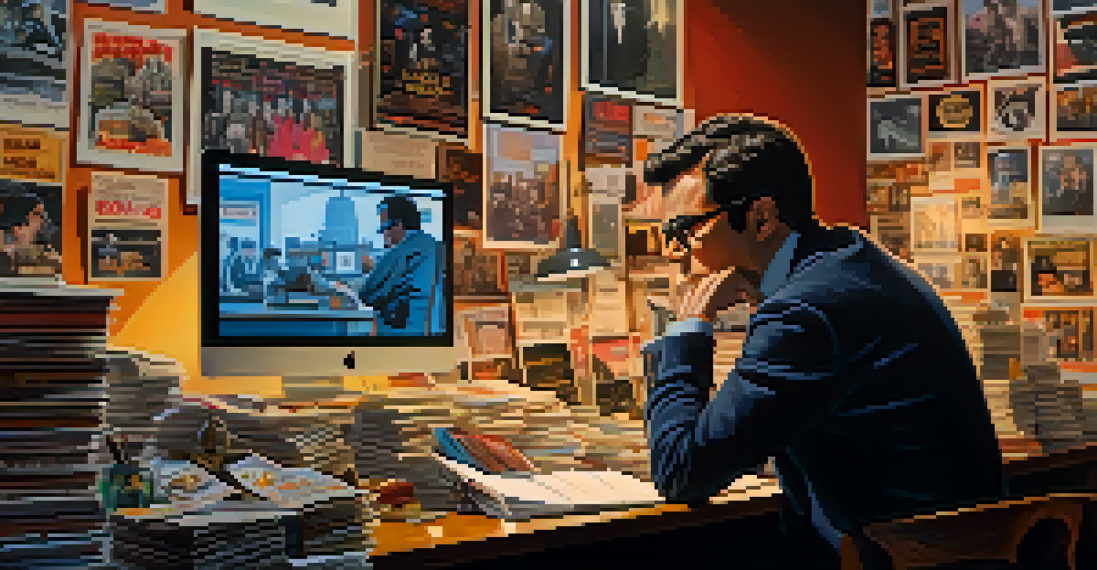 A film critic at a desk with film reels and posters, contemplating while surrounded by books and a laptop.