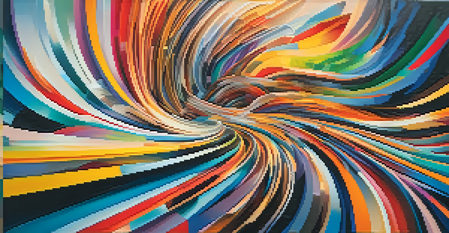 An abstract representation of film editing styles with dynamic shapes and colors swirling together, symbolizing fast cuts and montages against a vibrant gradient background.