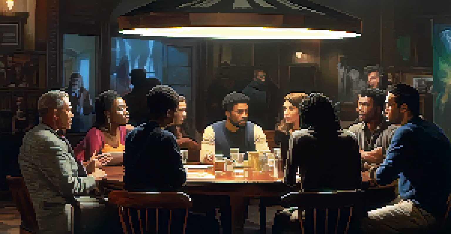 A group of diverse antiheroes gathered around a table in a dimly lit room, discussing plans with tense expressions.