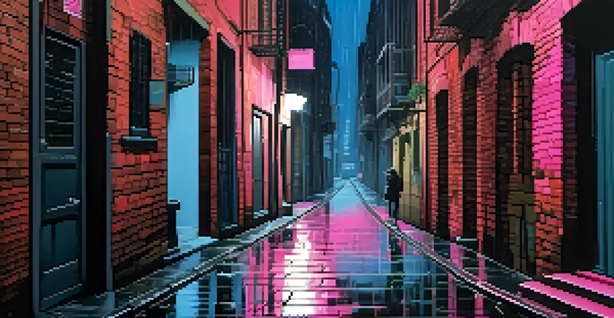 A rugged antihero with a smirk stands in a dimly lit alley, surrounded by colorful street art and neon lights reflecting in the rain-soaked pavement.