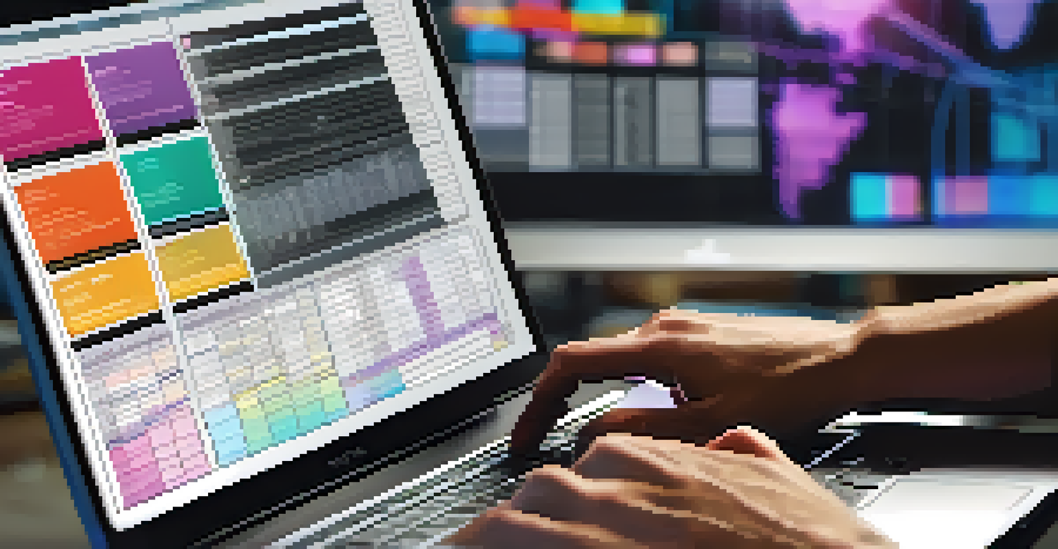 A close-up of a producer's hands on a laptop showing a project plan, with a busy production environment in the background.