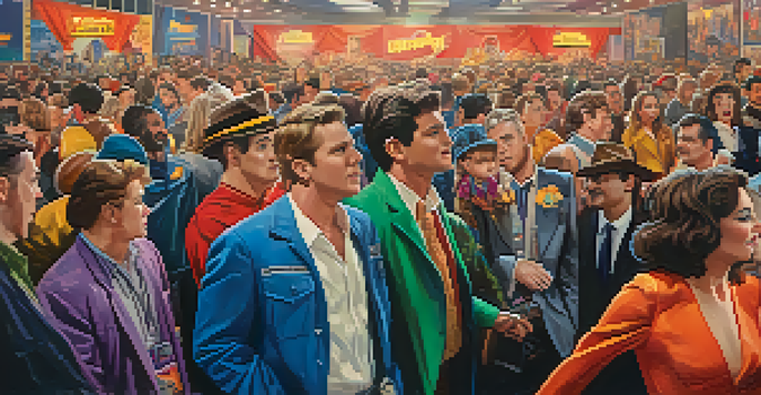 A fan convention for cult films with attendees in colorful costumes, movie banners, and a lively atmosphere.