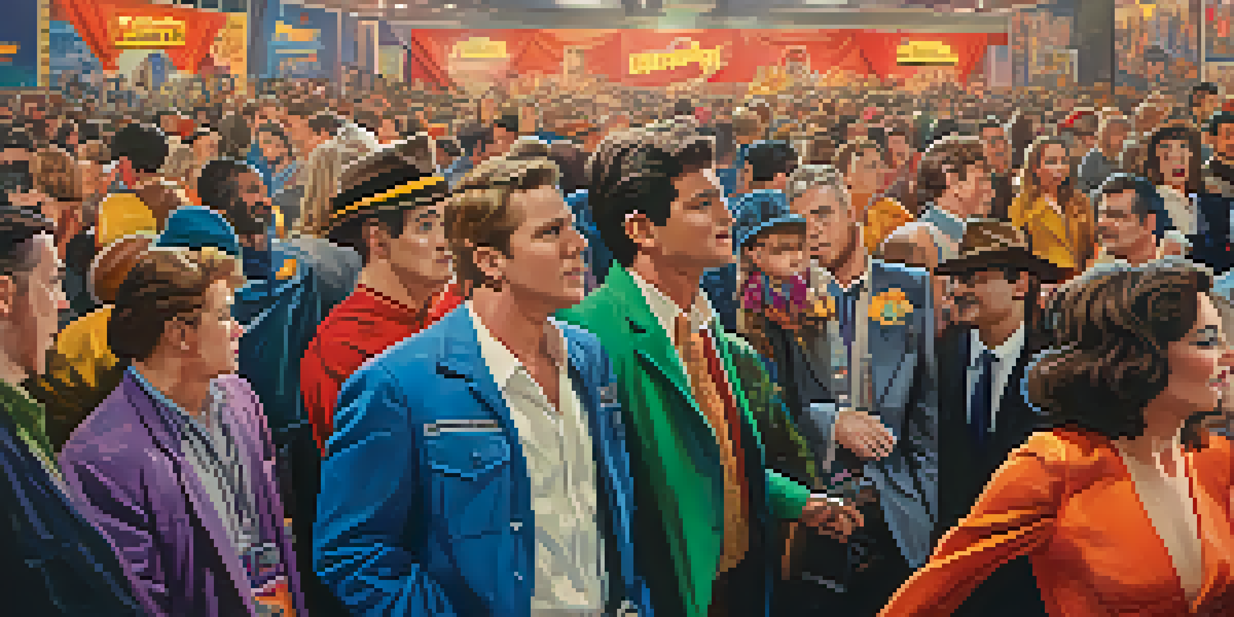 A fan convention for cult films with attendees in colorful costumes, movie banners, and a lively atmosphere.