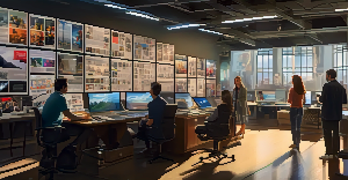 A busy film production studio where producers are engaged in a discussion about marketing strategies, surrounded by storyboards and movie posters.