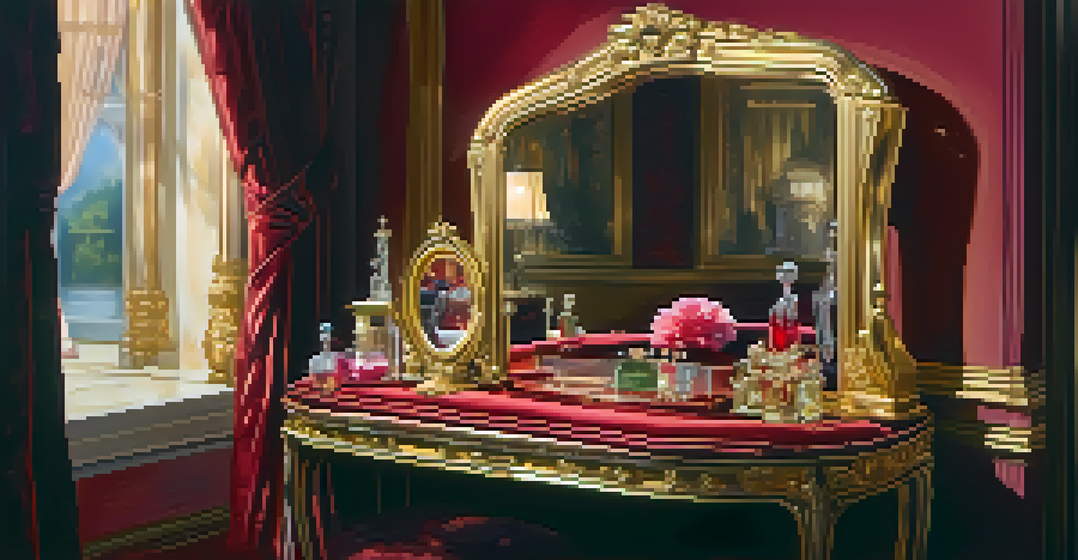 An elegant Hollywood scene with a glass slipper and luxurious gowns, showcasing glamour and sophistication.