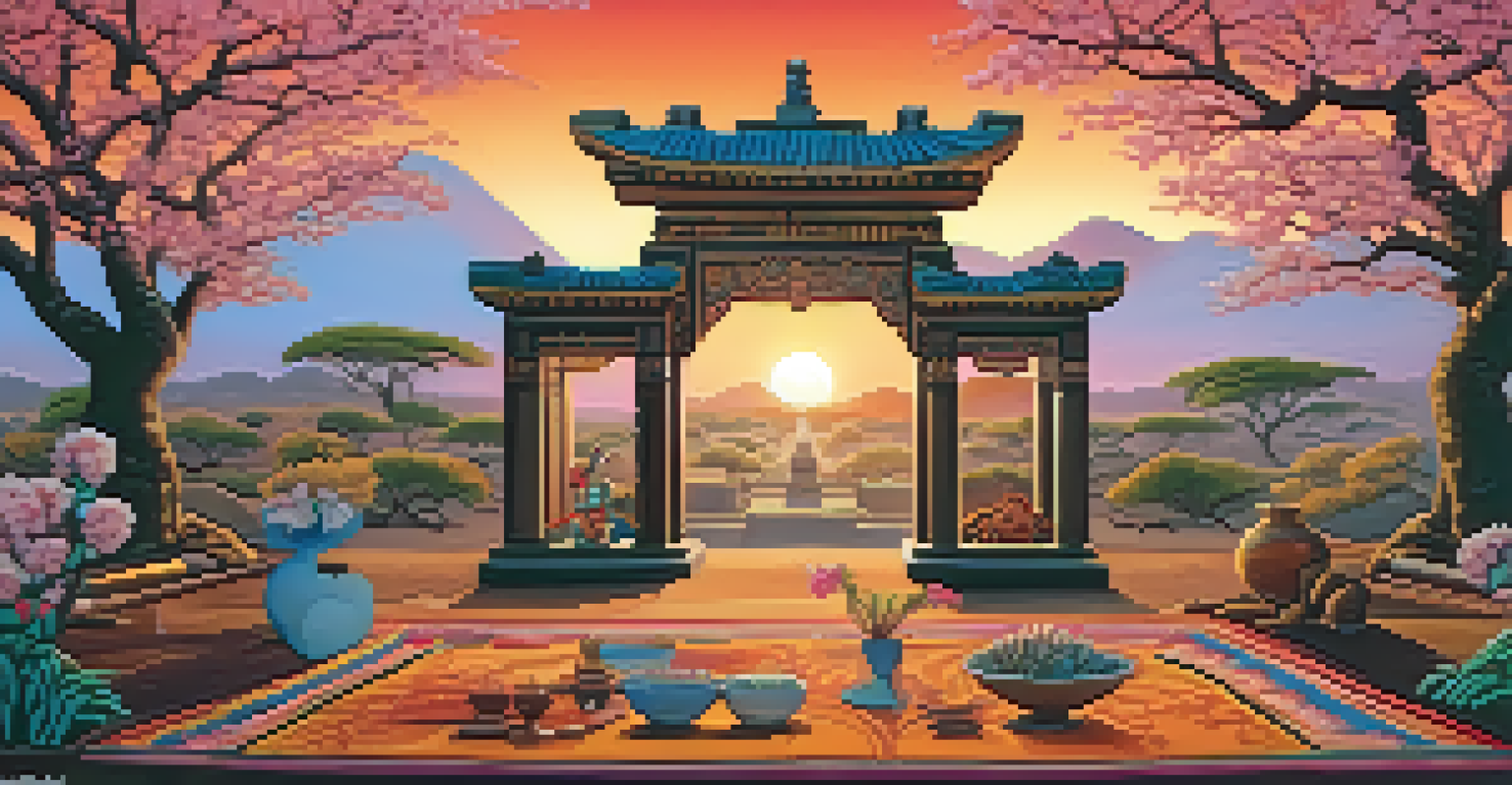 A colorful and detailed animated landscape featuring cultural elements like a Day of the Dead altar, cherry blossoms, and an African savannah.