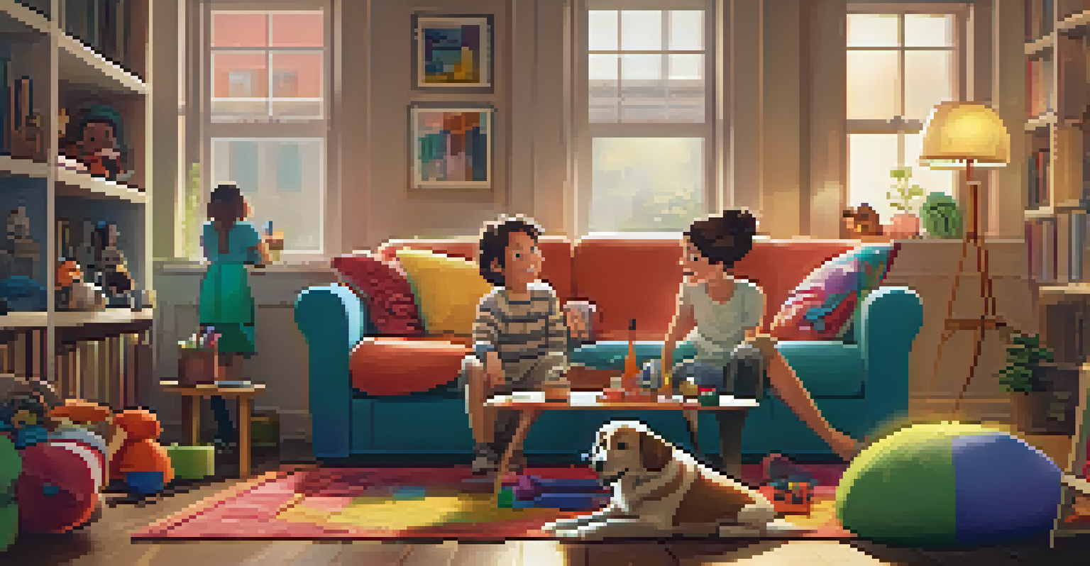 Animated characters laughing together in a cozy living room, emphasizing humor and emotional connection.