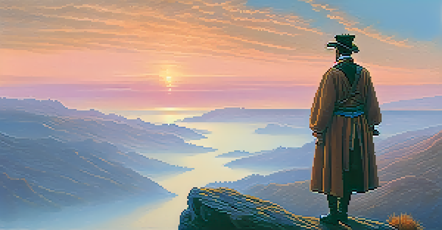 A character in period attire standing at a cliff, looking over a misty landscape at dawn with soft sunrise colors.