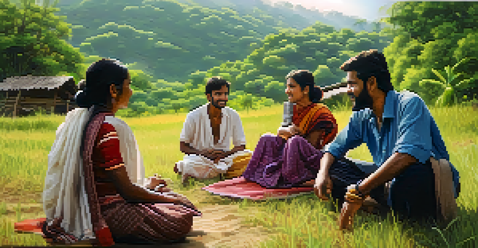 A filmmaker interacting with a local family in a rural area, surrounded by greenery and natural light.