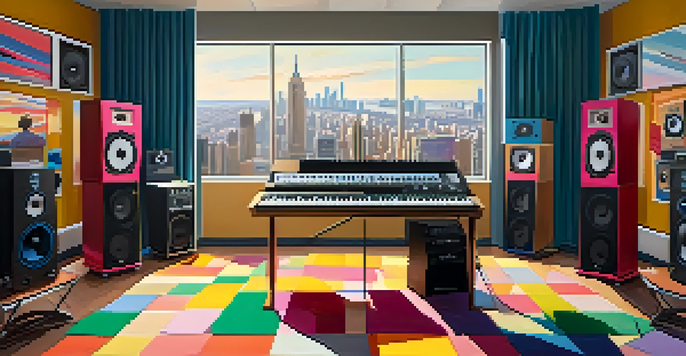 A colorful sound studio with audio equipment and warm sunlight filtering through the window.