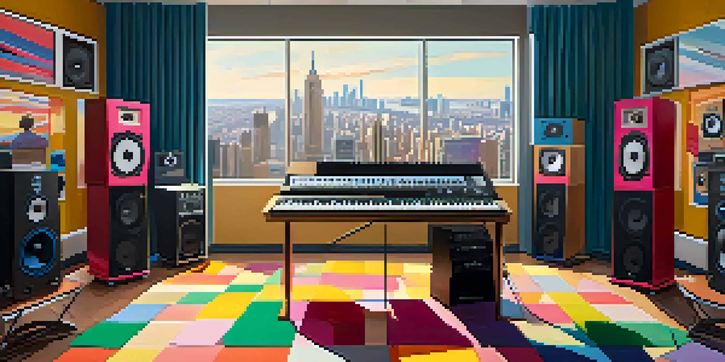 A colorful sound studio with audio equipment and warm sunlight filtering through the window.
