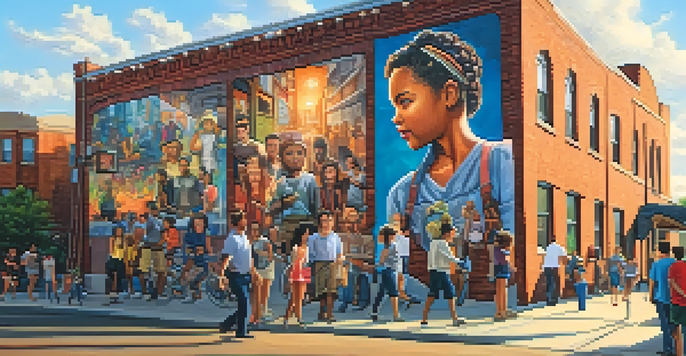 A colorful mural on a brick building with people taking photos in a lively street scene.