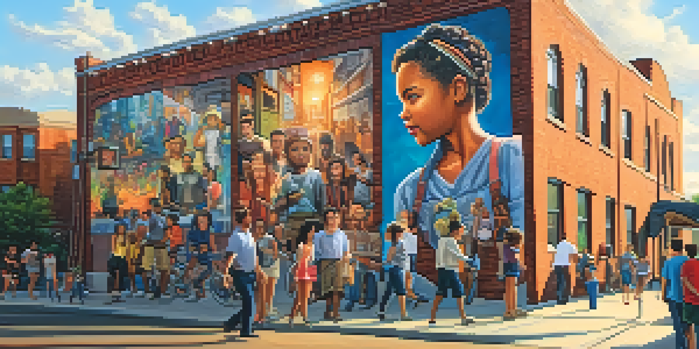 A colorful mural on a brick building with people taking photos in a lively street scene.