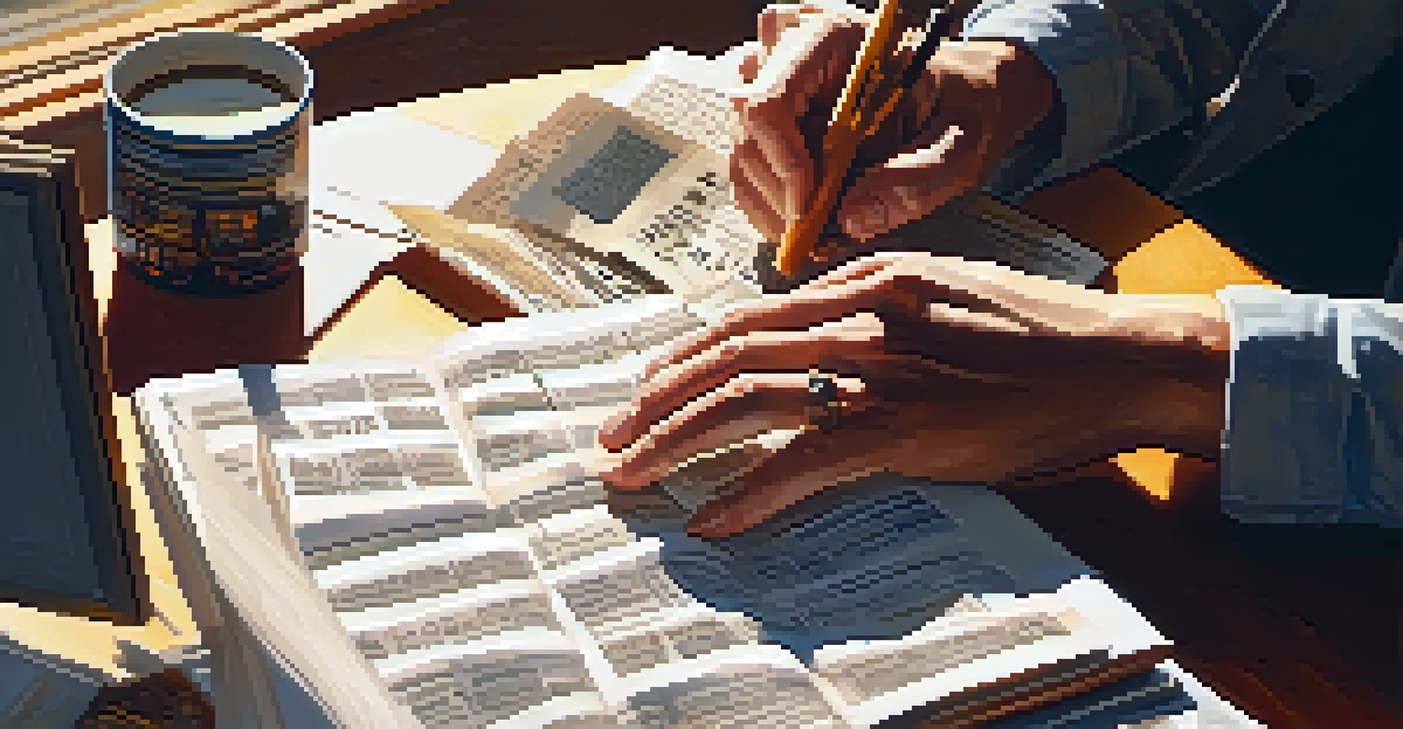A close-up of a critic's hands typing on a laptop amidst notes and a cup of coffee in a sunlit workspace.
