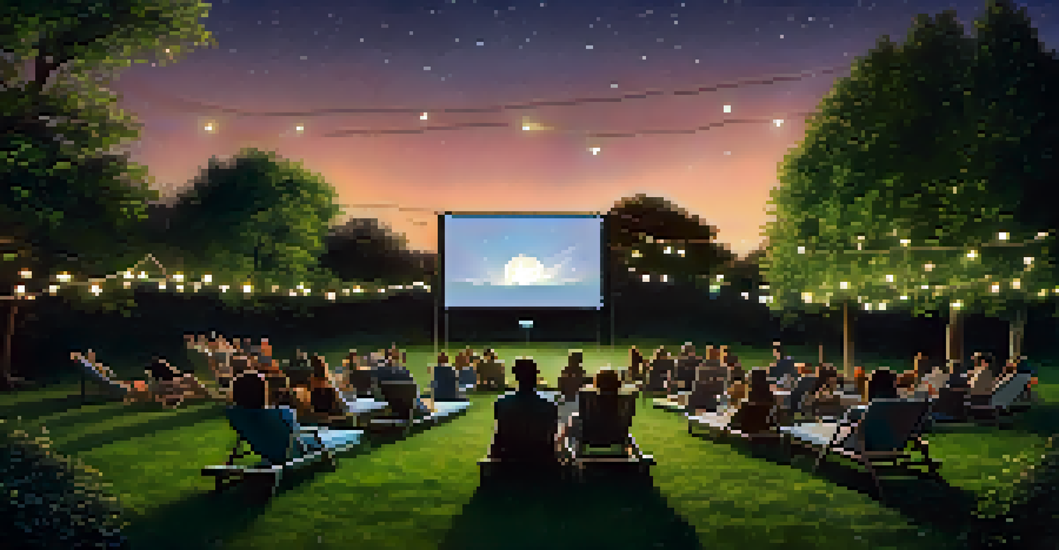 An outdoor film screening in a garden at night, with a large screen, people sitting on blankets and lawn chairs, and fairy lights in the trees.