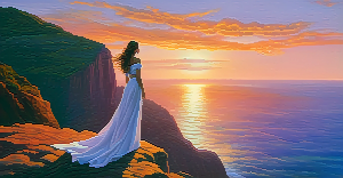 A young woman in a white dress stands on a cliff, gazing at the ocean during sunset, with colorful skies and flowing hair.