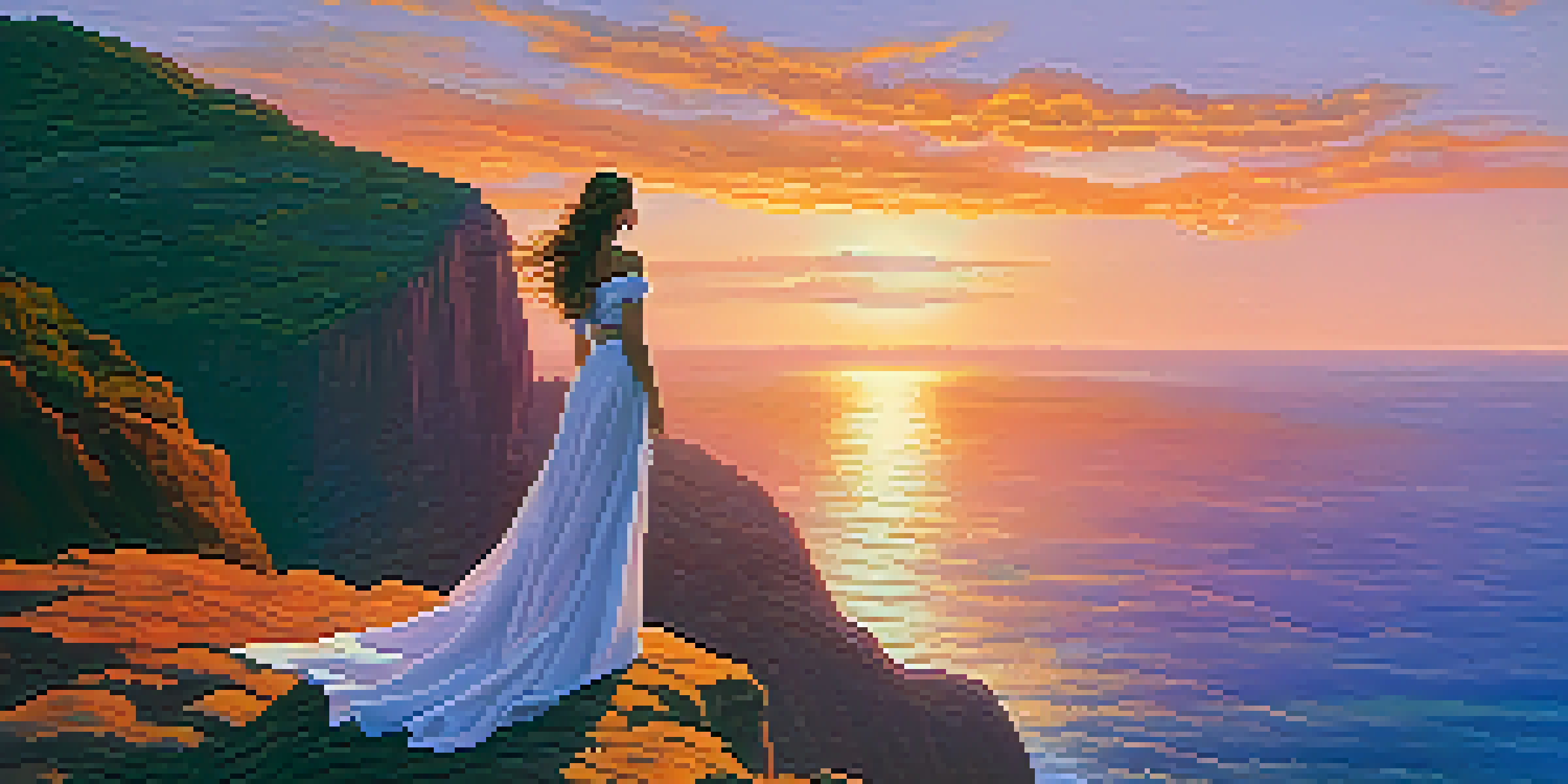 A young woman in a white dress stands on a cliff, gazing at the ocean during sunset, with colorful skies and flowing hair.