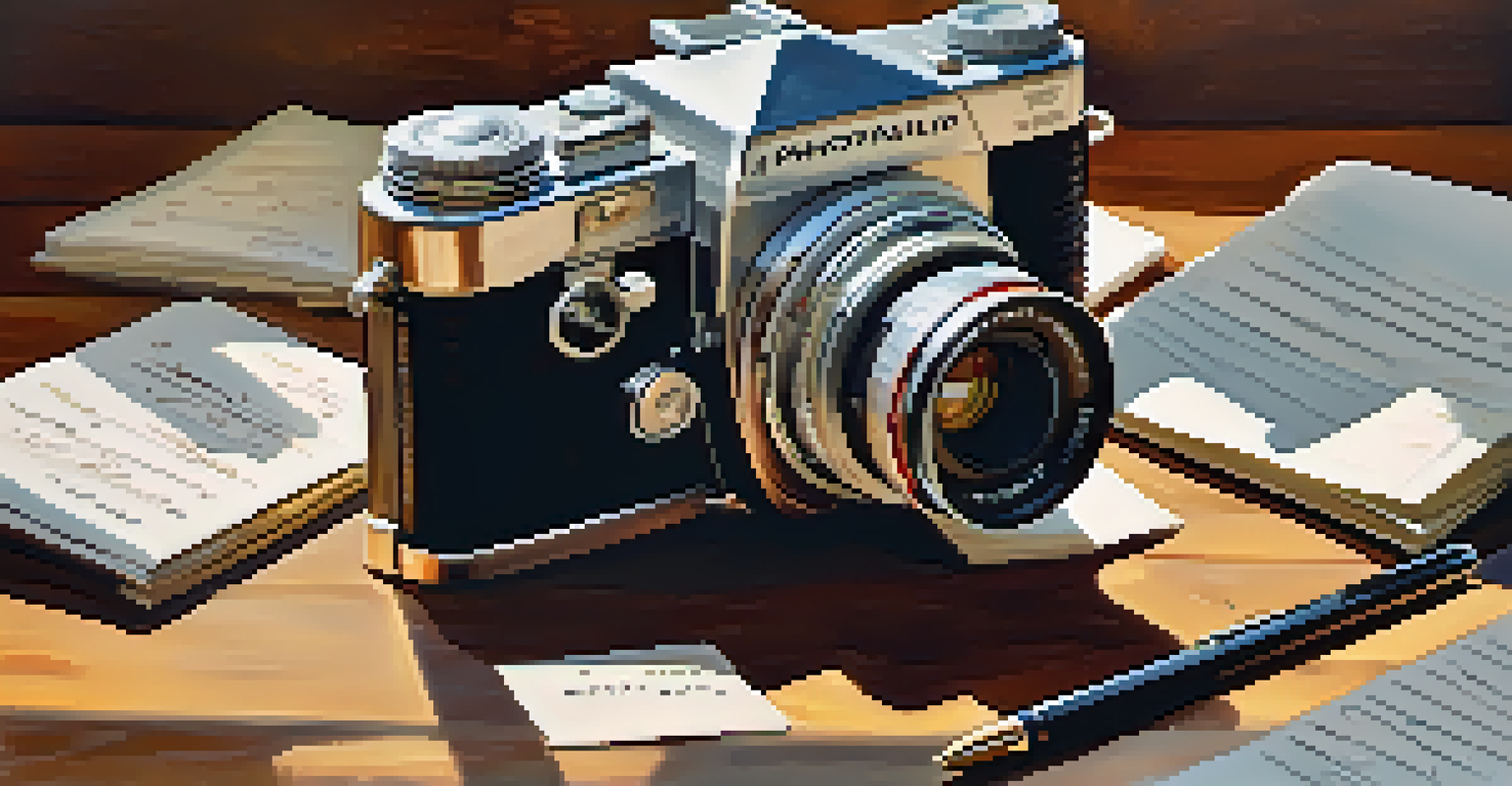 A vintage film camera on a table with film reels and a notebook, illuminated by natural light.