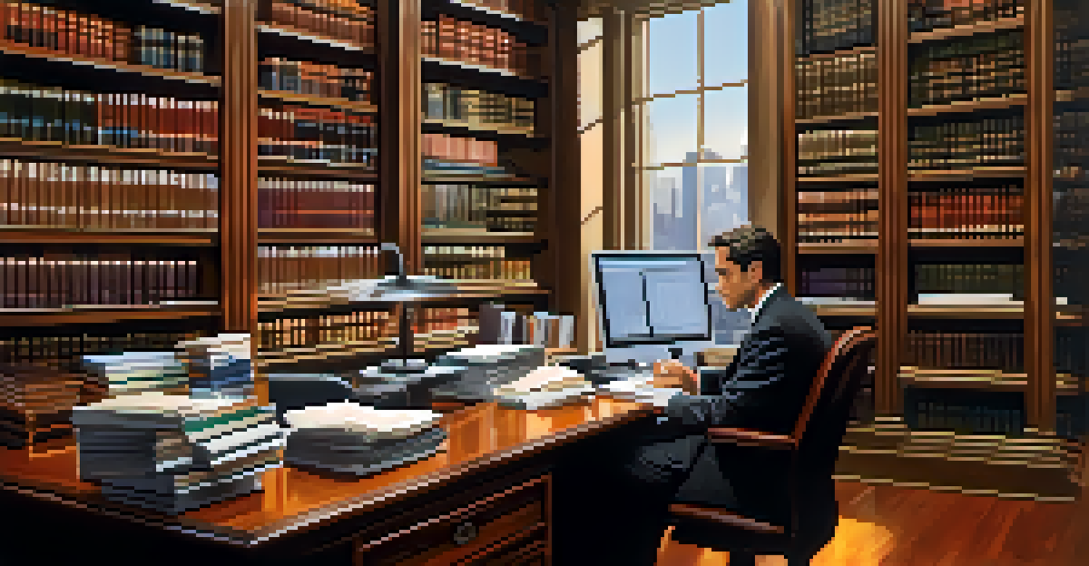 A legal counsel reviewing film production contracts in a modern office, with books on entertainment law in the background, showcasing a professional atmosphere.