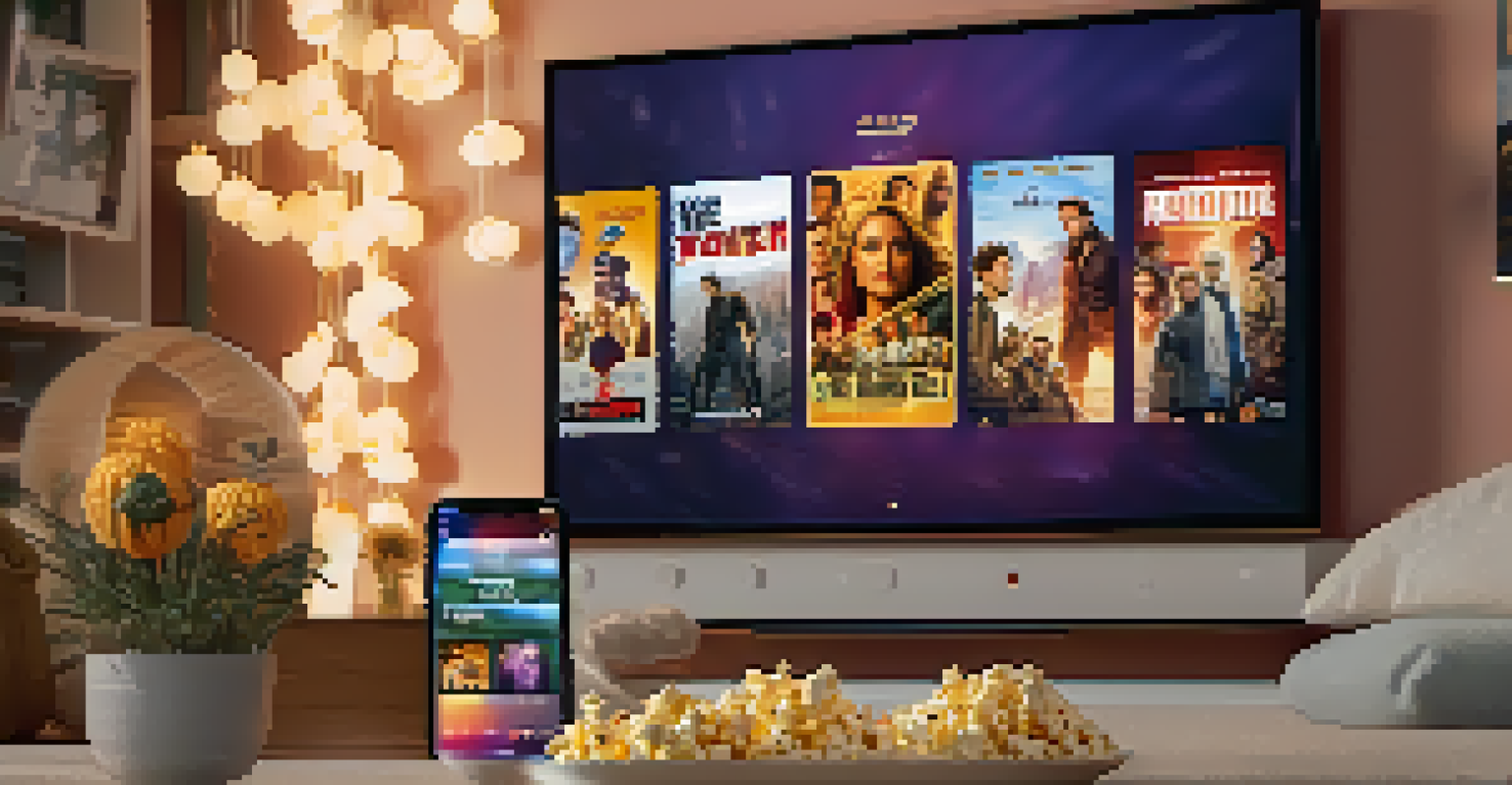 A smartphone screen displaying a lively social media feed with movie posters and audience comments, set in a cozy living room.