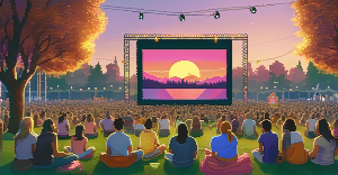 An outdoor film festival at sunset with a large screen, audience on blankets, and colorful sky.