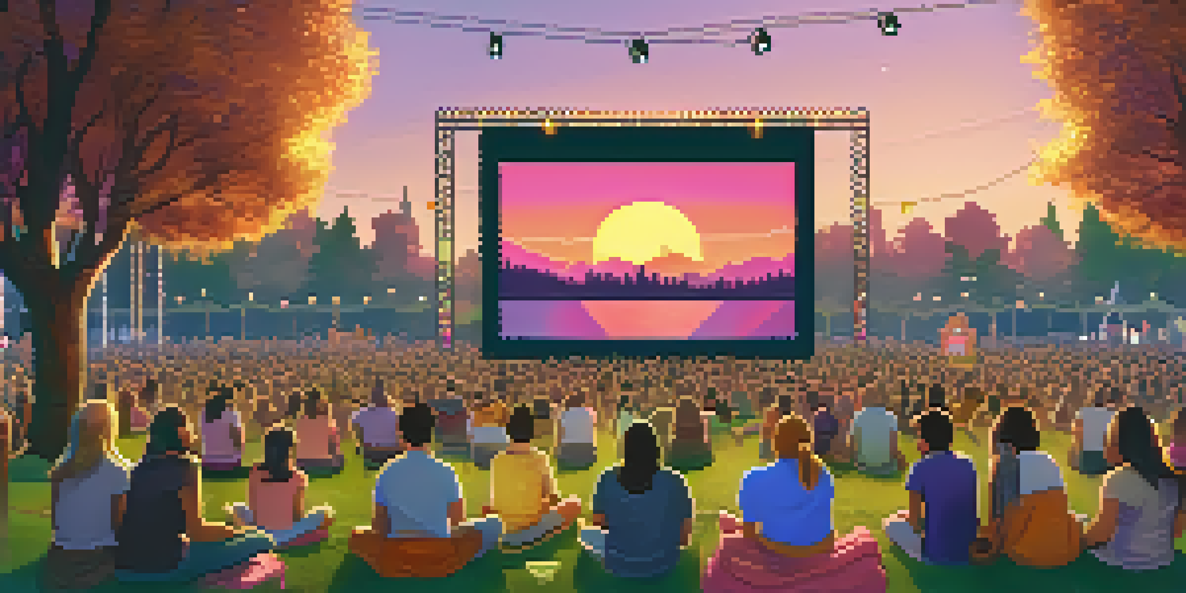An outdoor film festival at sunset with a large screen, audience on blankets, and colorful sky.
