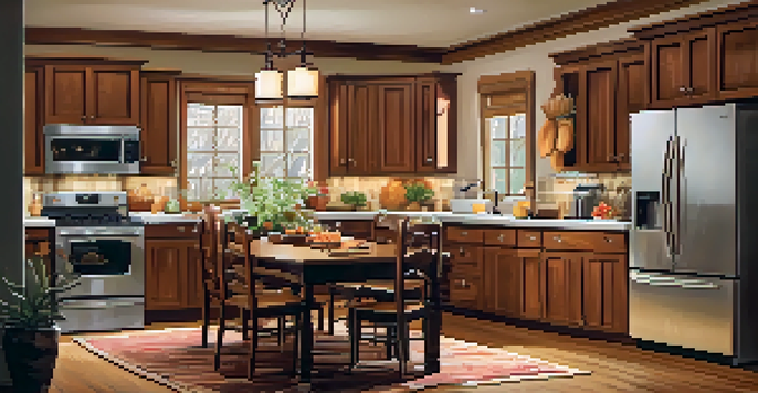 A warm and inviting kitchen filled with family photos and a dining table set for a meal.