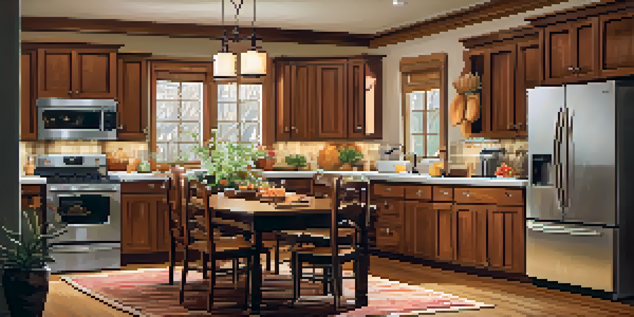 A warm and inviting kitchen filled with family photos and a dining table set for a meal.