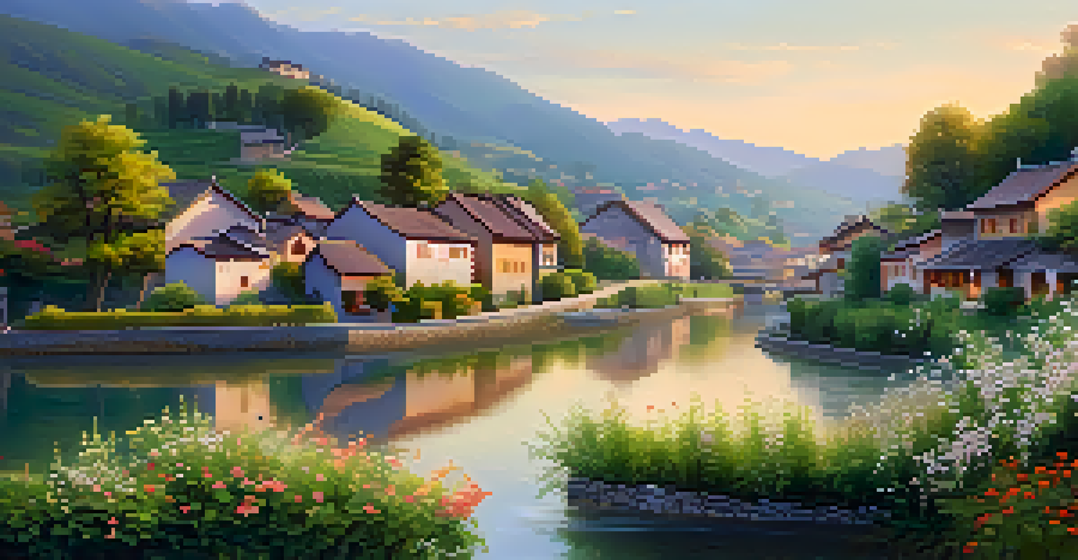 A picturesque village surrounded by rolling hills and a serene river, illuminated by soft golden light during sunset.