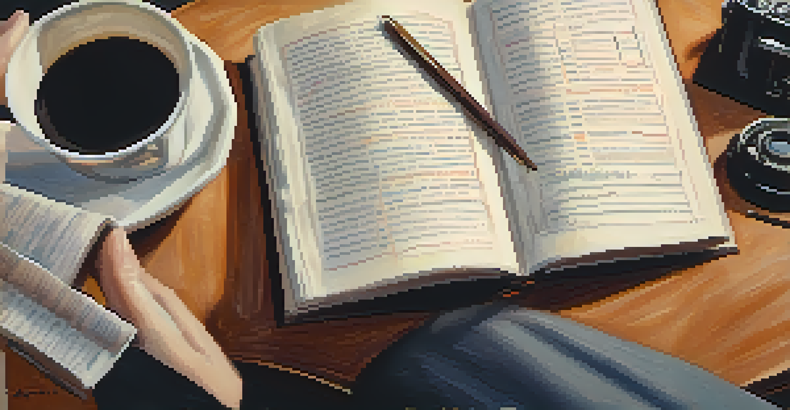 Close-up of a film producer's hands holding a screenplay with notes, surrounded by film-related items on a desk.