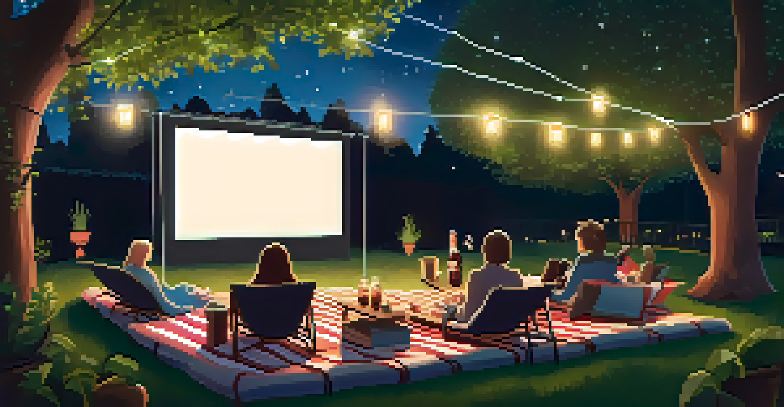 An outdoor cinema in a garden, with a projector screen showing a film, fairy lights, and guests seated comfortably with snacks.