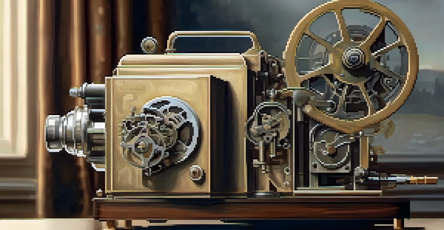 A detailed close-up of a vintage film projector with metal gears and reels, illuminated by warm light against a blurred background.