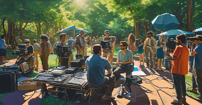 A diverse group of filmmakers working together on a film set in a sunny outdoor environment, surrounded by greenery and colorful equipment.