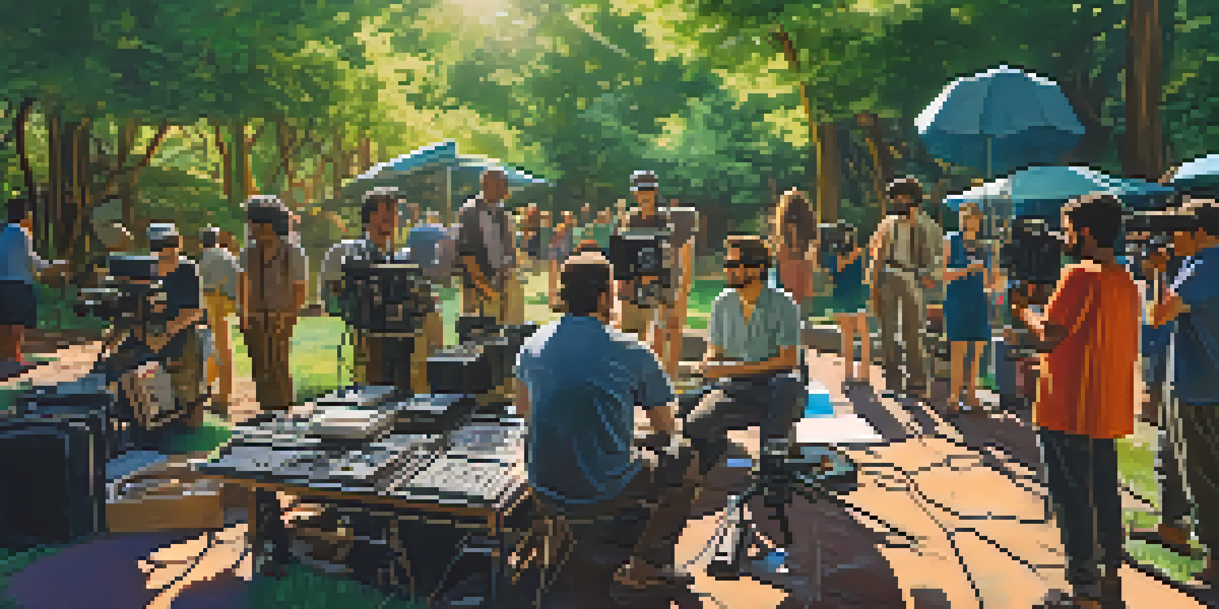 A diverse group of filmmakers working together on a film set in a sunny outdoor environment, surrounded by greenery and colorful equipment.