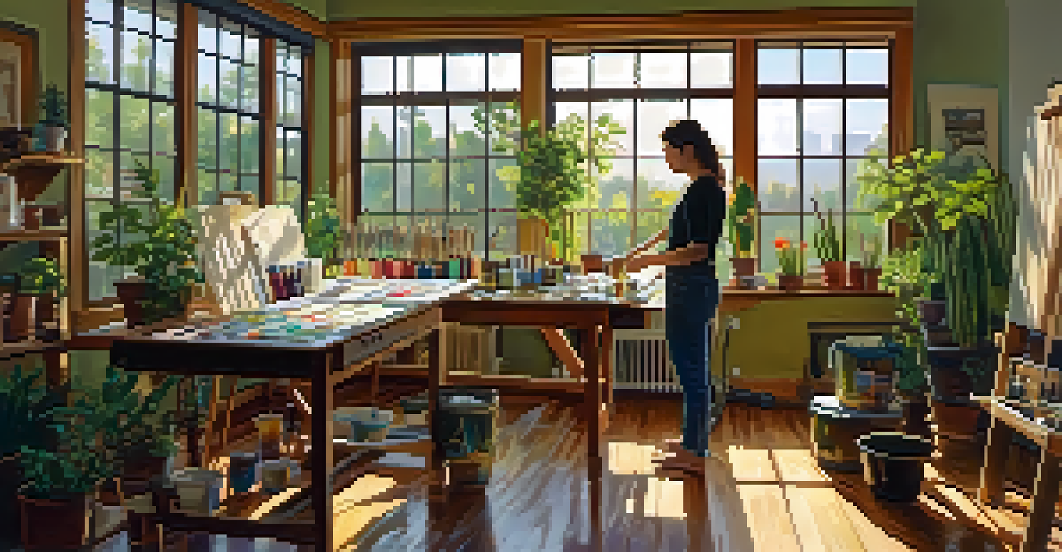 An artist painting in a bright studio filled with natural light, surrounded by paint tubes and brushes.