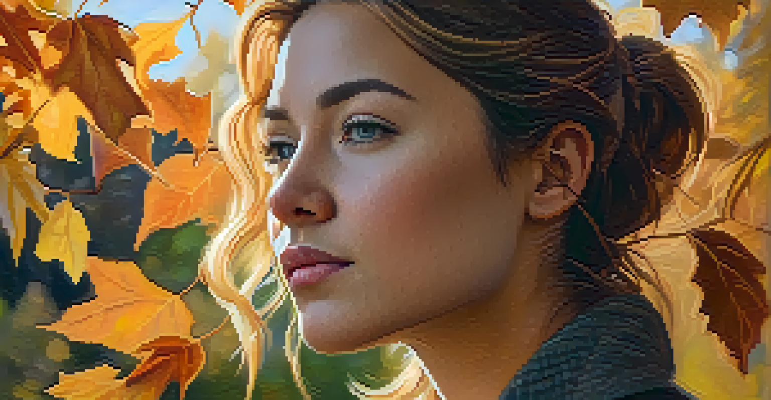 A thoughtful young woman standing in a sunlit park surrounded by autumn leaves, looking contemplative with a hint of a smile.