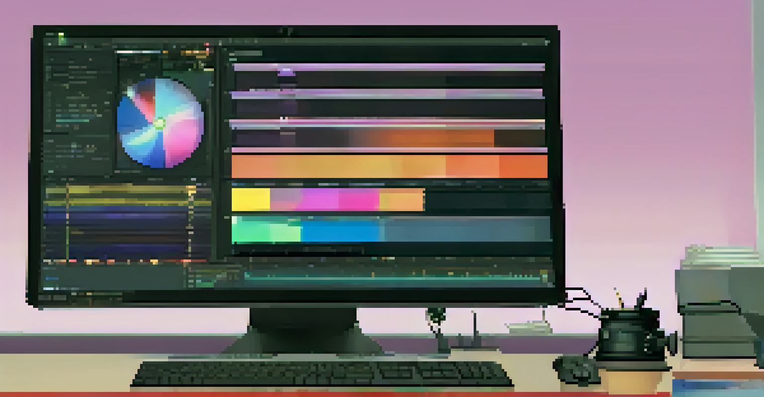 A close-up of a computer screen displaying a colorful film editing timeline with clips and transitions.