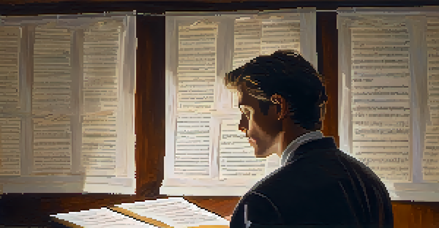 An actor in a dimly lit room practicing in front of a mirror, surrounded by notes, showing a contemplative expression.